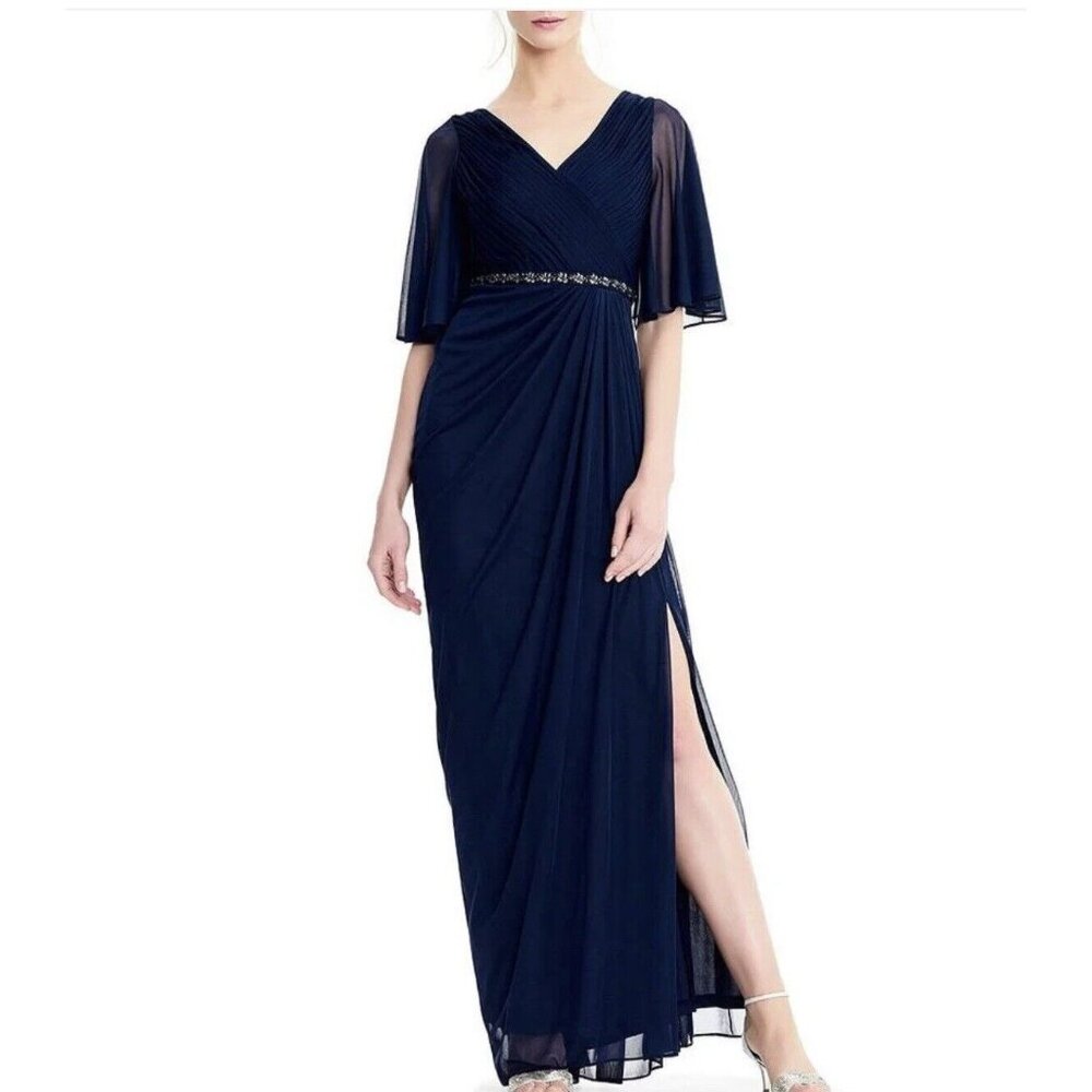 Adrianna Papell Sheer Flutter Sleeve Chiffon Beaded Waist Dress Size 16P